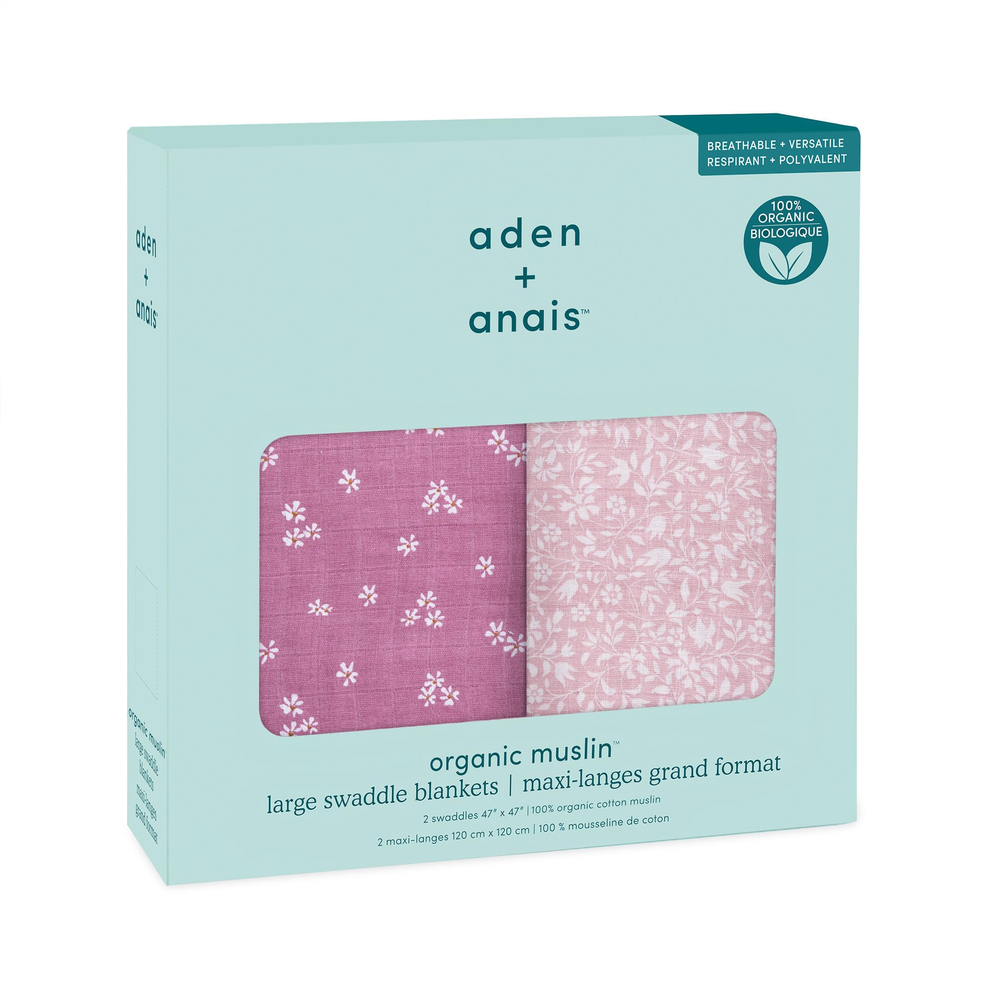 aden + anais(エイデンアンドアネイ) オーガニック コットン おくるみ スワドル 2枚入り ヘリテージ フローラル 120×120cm 通気性 体温調整 モロー反射対策 洗濯機可 出産祝い ギフトSWADABASWO20011