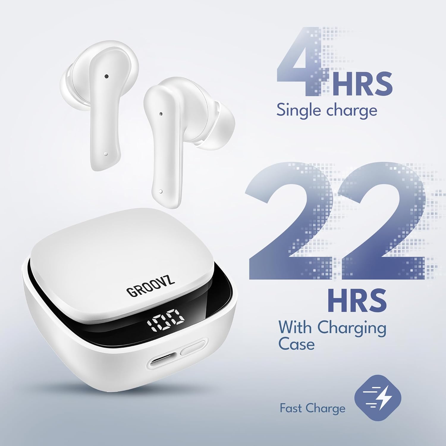 Groovz True Wireless Earbuds with Charging Case - Designed and Engineered in The USA - IPx4 Water Resistant Bluetooth Earbuds Compatible with Apple and Android - 27Hrs Battery Life - White