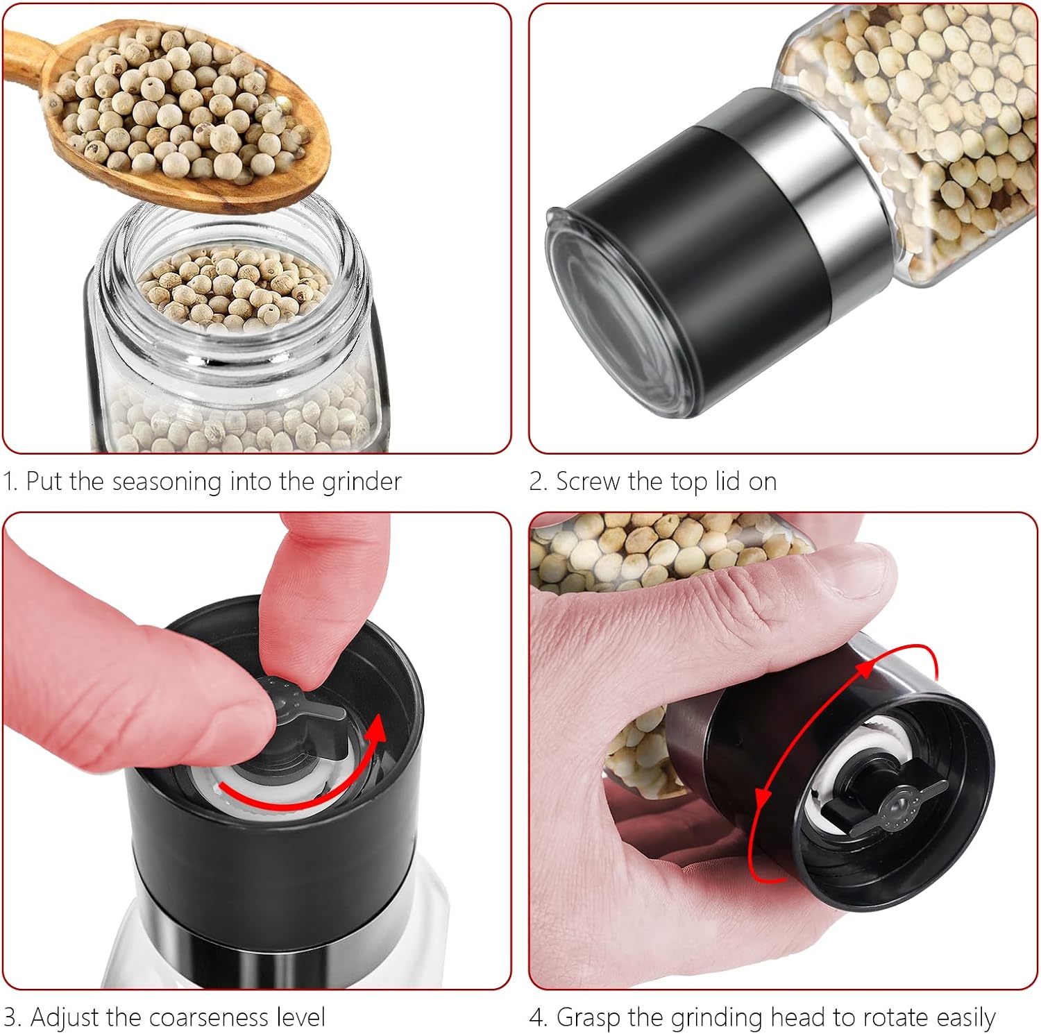 2Pcs 6oz square Glass Spice Jar with Lid, 180ml Spice Jar with Salt Herb Black Pepper Grinder, Sea Salt Grinder Spice Bottle, Whole Peppercorn Pepper Mill (2)