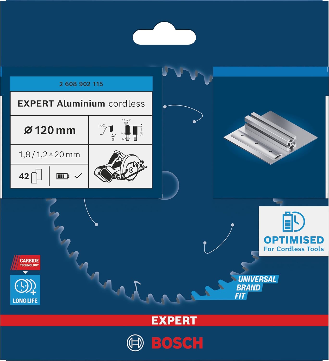 Bosch 1 x Expert Aluminium Cordless Circular Saw Blade for Hand-Held Circular Saws (for Aluminium, Diameter mm, Professional Accessories Cordless Circular Saws)