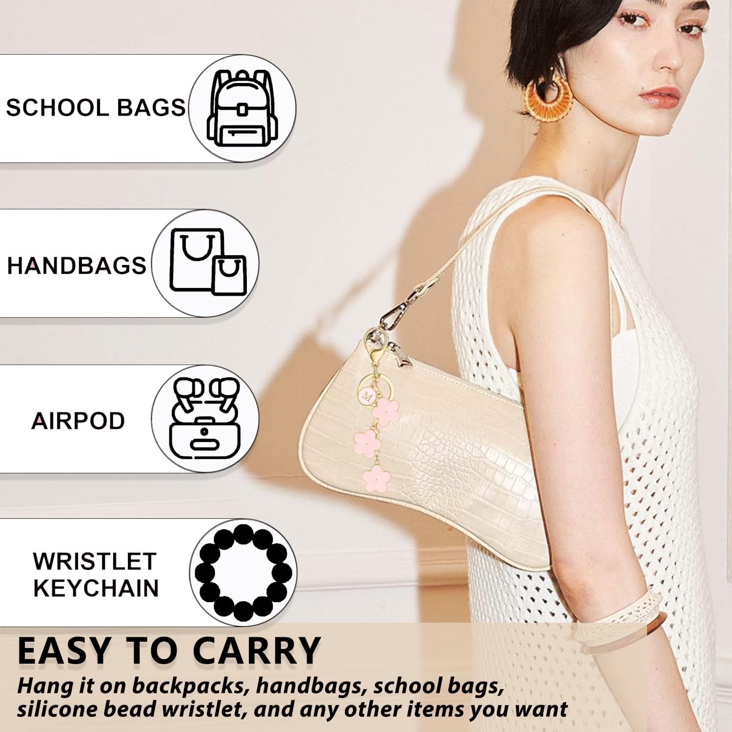 XGALBLA Women's Initial Keychain White/Pink/Black Flower Charms for Key Cute Letter Keyring for Handbag Backpack Accessories - Image 5