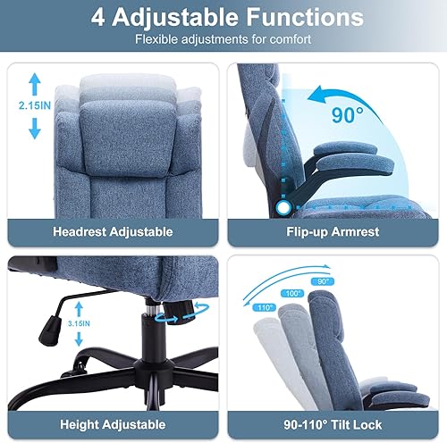 Miniatura 6 de Silla de oficina ejecutiva de respaldo alto con reposacabezas ajustable, sillas de escritorio de tela con reposabrazos abatibles, silla de oficina