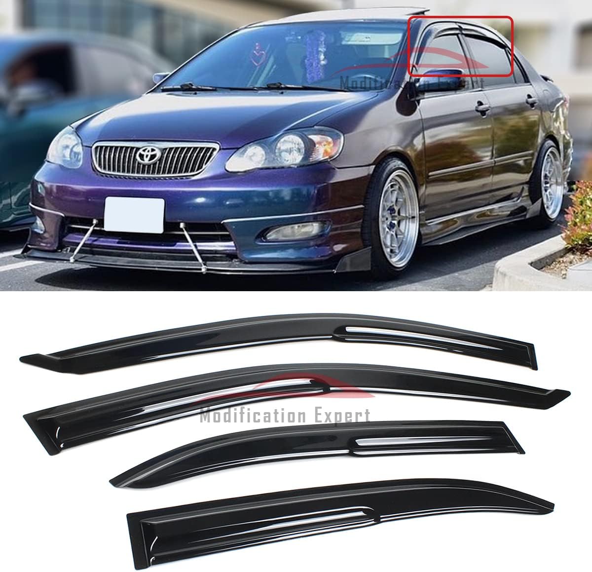 Fits for 2003-2008 Toyota Corolla Sedan JDM Wavy Mugen Style Window Visors Rain Guards Deflectors
