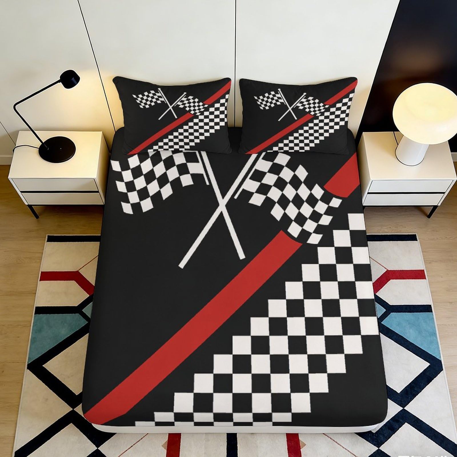3D Printed Racing Checkered Flag Fitted Sheet Microfiber Durable Breathable Racing Stripe Bed Cover for Bedroom Dormitory Guest Room Mattress Protection 120x200x25cm