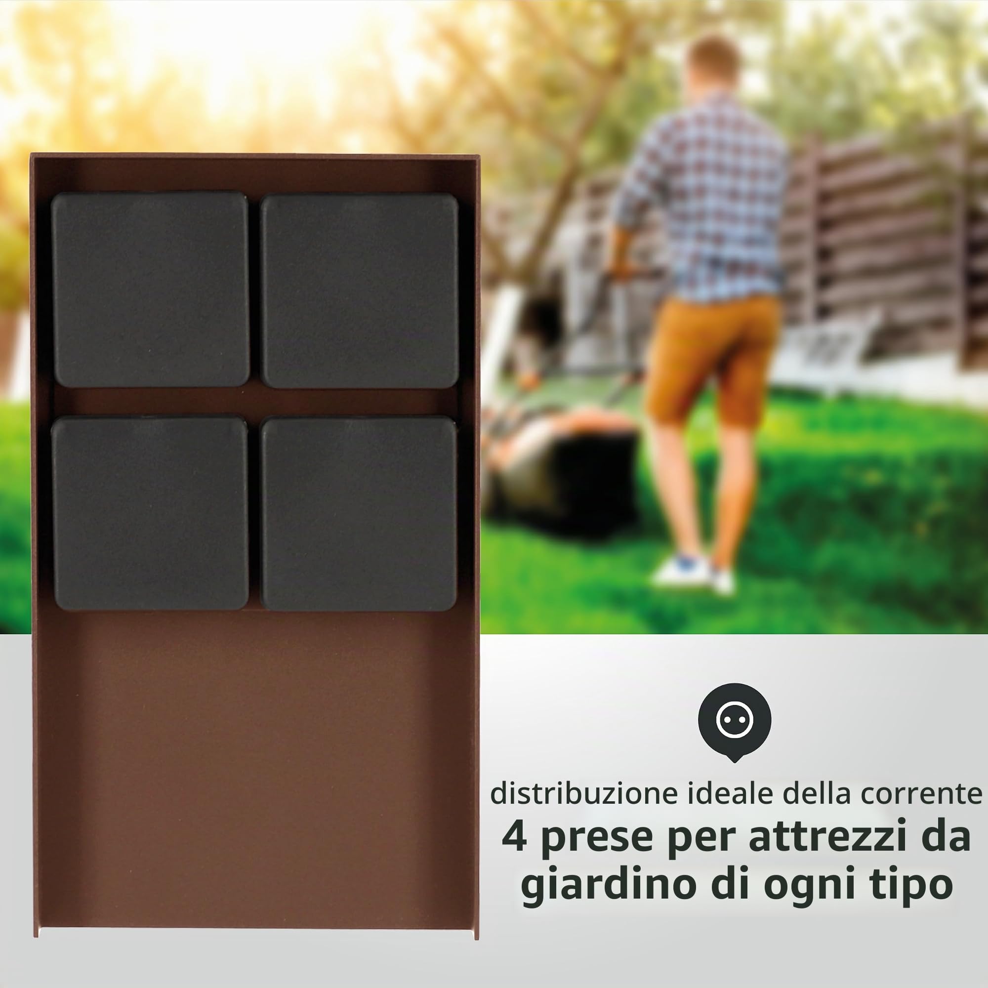 LED Universum Presa esterna ADAM, marrone ruggine con coperture nere, 4 scomparti, acciaio inox verniciato a polvere, cablata per il collegamento di attrezzi da giardino o illuminazione, max.