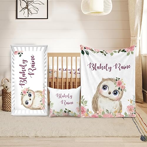 Custom Crib Bedding Set - Owl Design Personalized Name Baby Nursery Bedding 3 Pcs Set - Chic Soft Blanket, Sheet, Pillowcase for Newborns Boys Girls Gifts Color11
