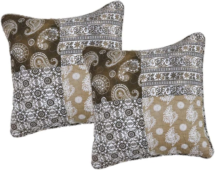 DaDa Bedding Cotton Floral Paisley Patchwork Throw Pillow Covers - Set of 2-Pieces Olive Green Brown Bohemian Cushion Cases - Moroccan Dreams Earthy Rustic Tones - 18" x 18" - 2-Pieces