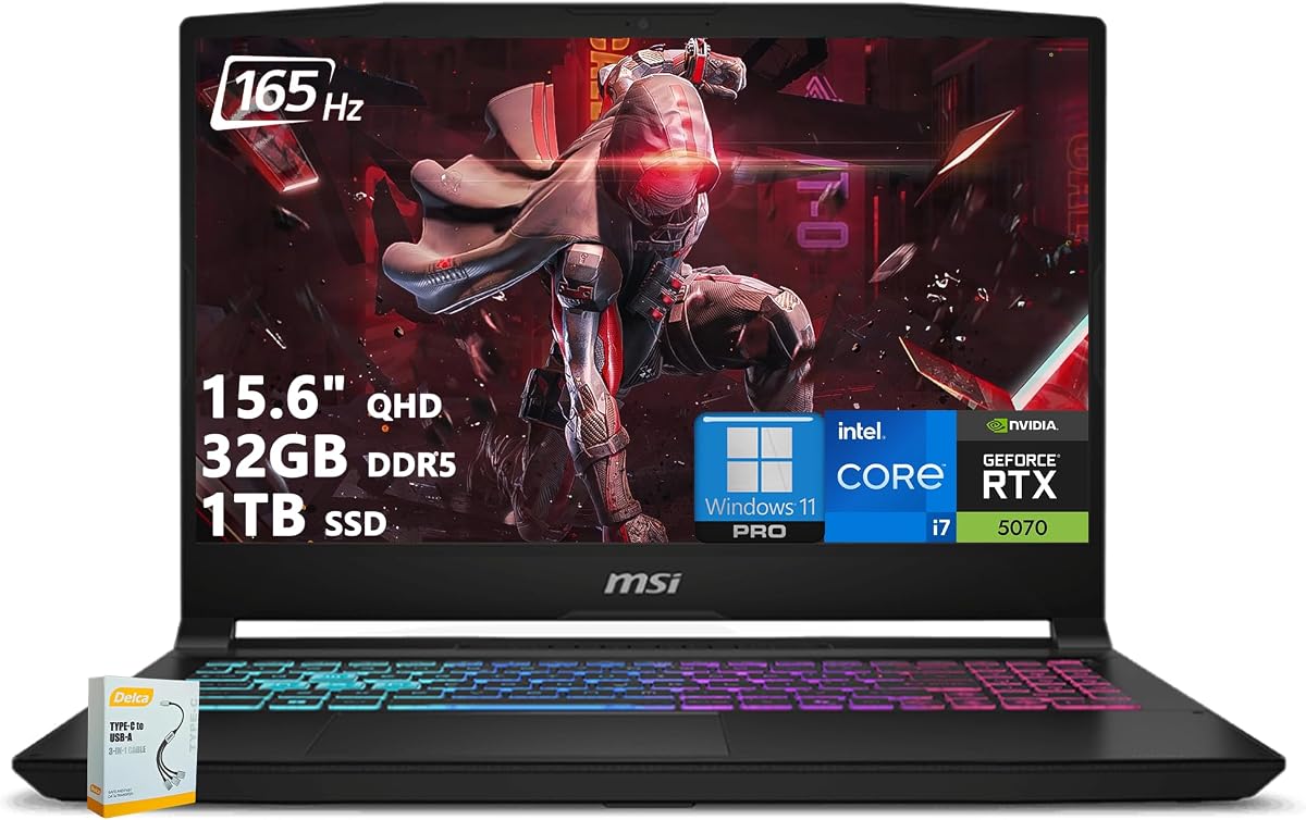 Laptop para juegos msi Katana 15 HX | 15.6" QHD 165Hz 100% DCI-P3 | Intel Core i7-14650HX (>i9-12900H) | 32GB DDR5 1TB SSD | GeForce RTX 5070 (hasta 798 tapas AI) | Teclado RGB Win11 Pro con accesorio DLCA