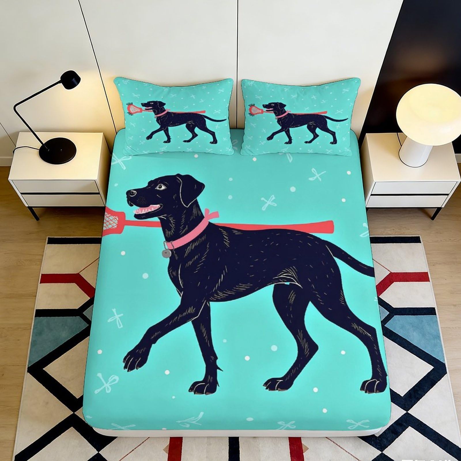 3D Printed Black Labrador Dog Fitted Sheet Microfiber Soft Anti-Slip Blue Bed Cover for Bedroom Dorm Guest Room Decor 90x200x25cm