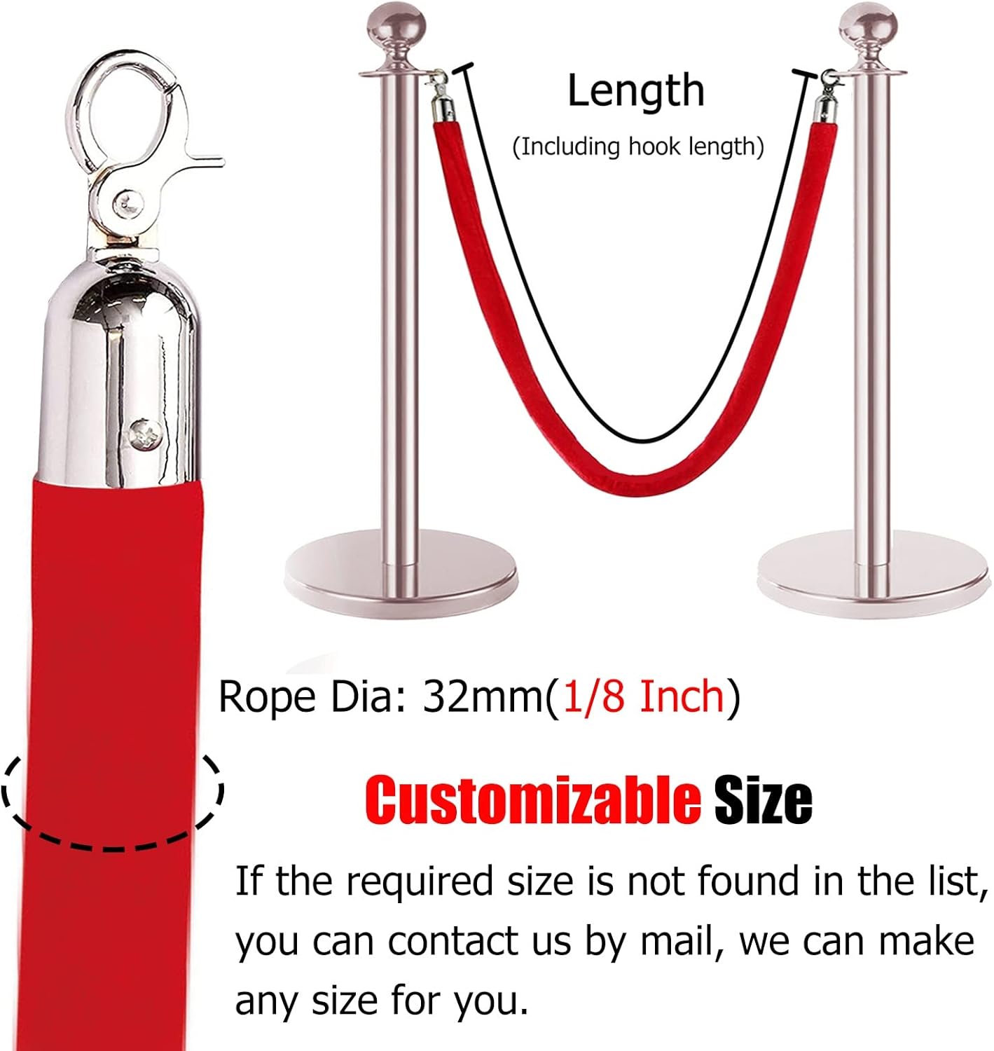 Stanchion Rope Hotel Post Stands Queue Divider Red Foam Core Hanging VIP Carpet Rope Set of 2, Crowd Control Stanchion Rope for Movie Theaters/Wedding/Trade Sho，Black 0.6m/2ft