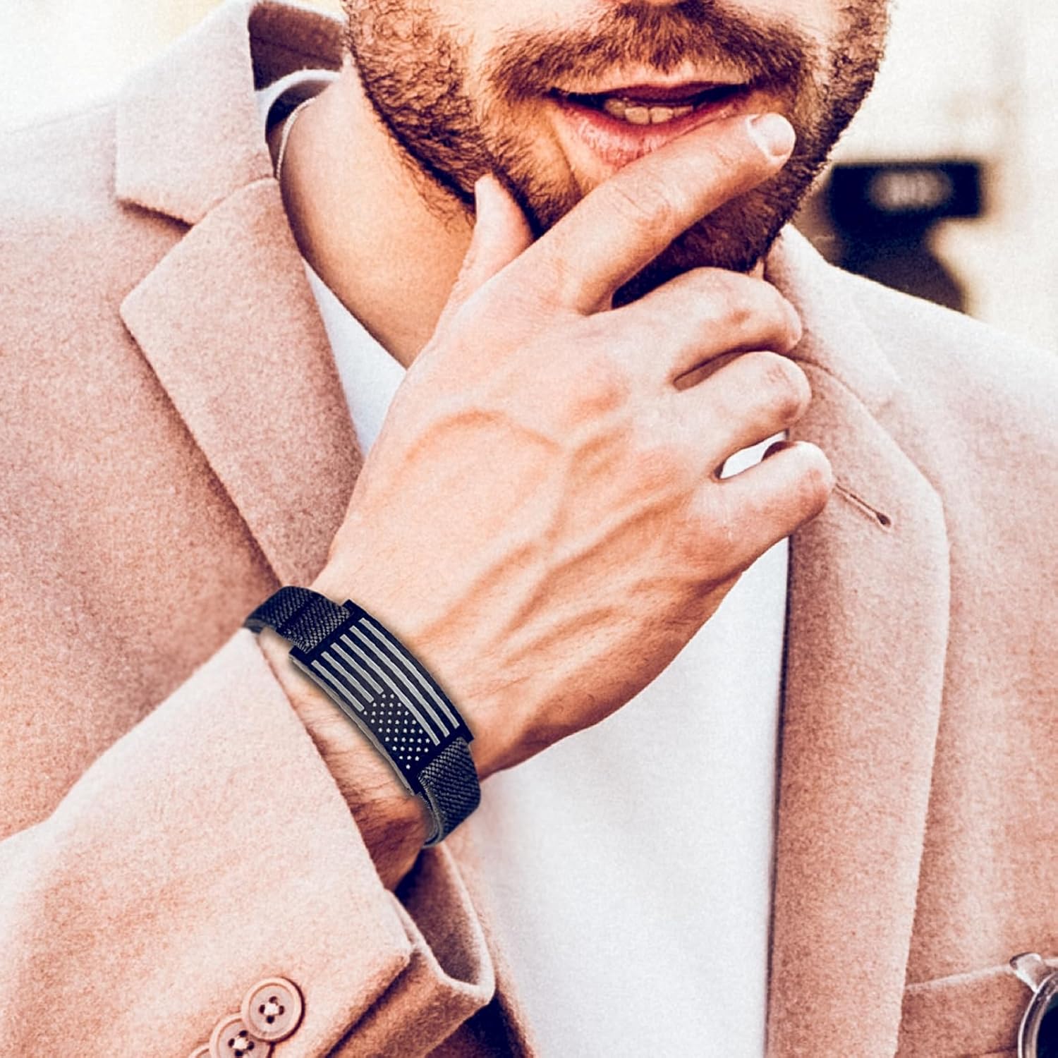 To My Dad Son Husband Man Bracelet, American Flag Bracelets for Men, Black Elastic Stretch Strap Adjustable Jewelry, Gifts for Valentines Christmas Birthday - Image 5