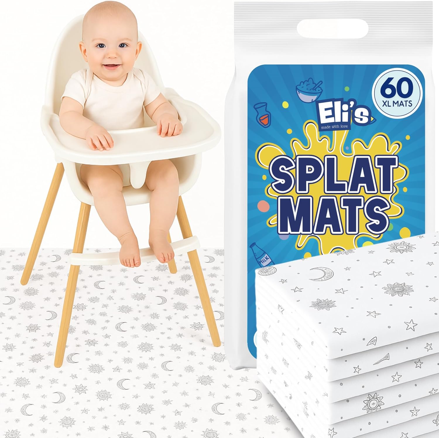 60 Pack Disposable Splat Mats by Eli with Love - Extra Large 49"x49" 100% Waterproof Baby Splat Mat for Under High Chair - Plastic Mat Liner for Floor - Protect from Spills (Moon & Stars, 60 Pack) Moon & Stars 60 Pack