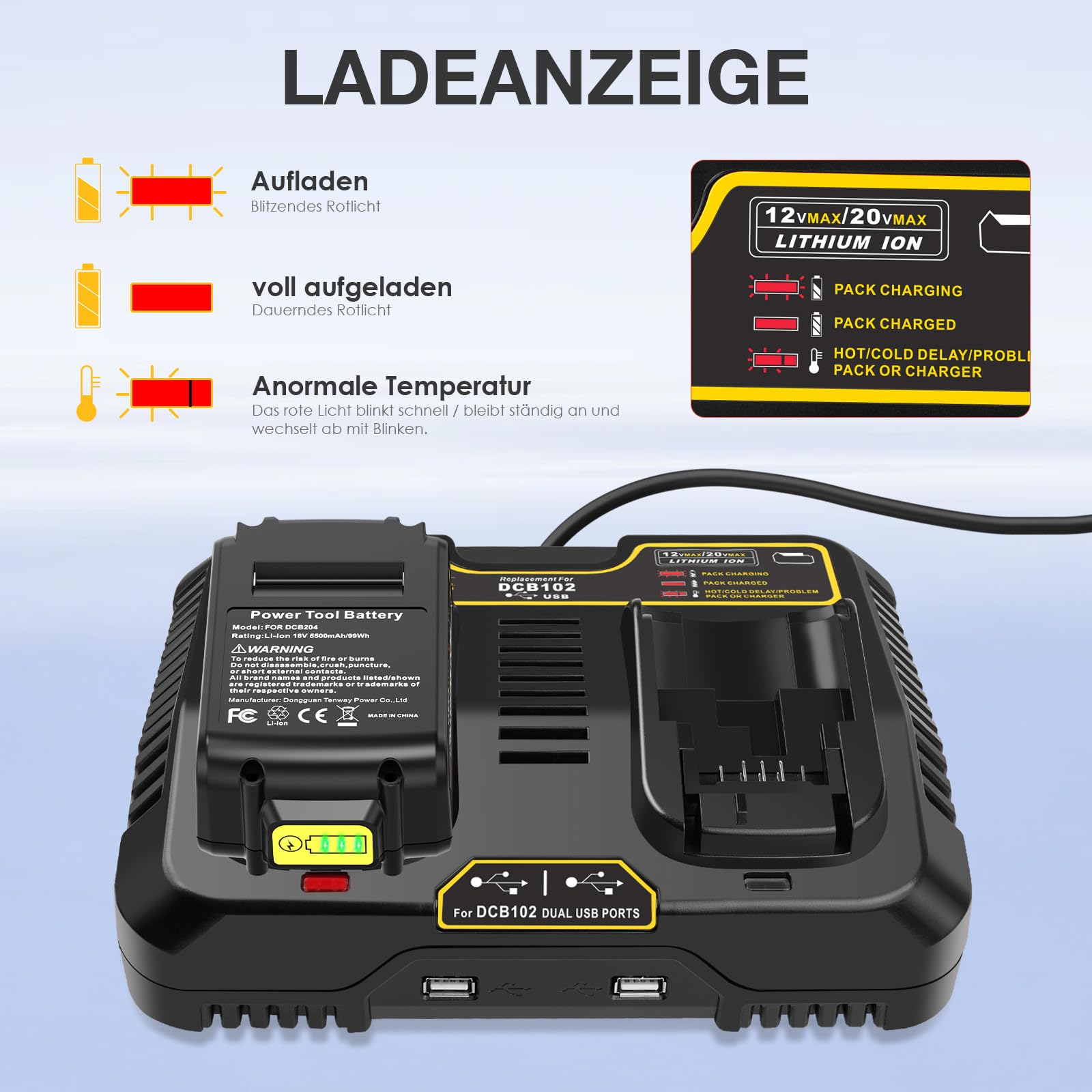Lot de 2 batteries de rechange 5500 mAh et chargeur pour DeWalt, 18 V/20 V max Li-Ion compatible avec DeWalt DCB204 DCB206 DCB180 DCB181 DCB182 DCB184 DCB201