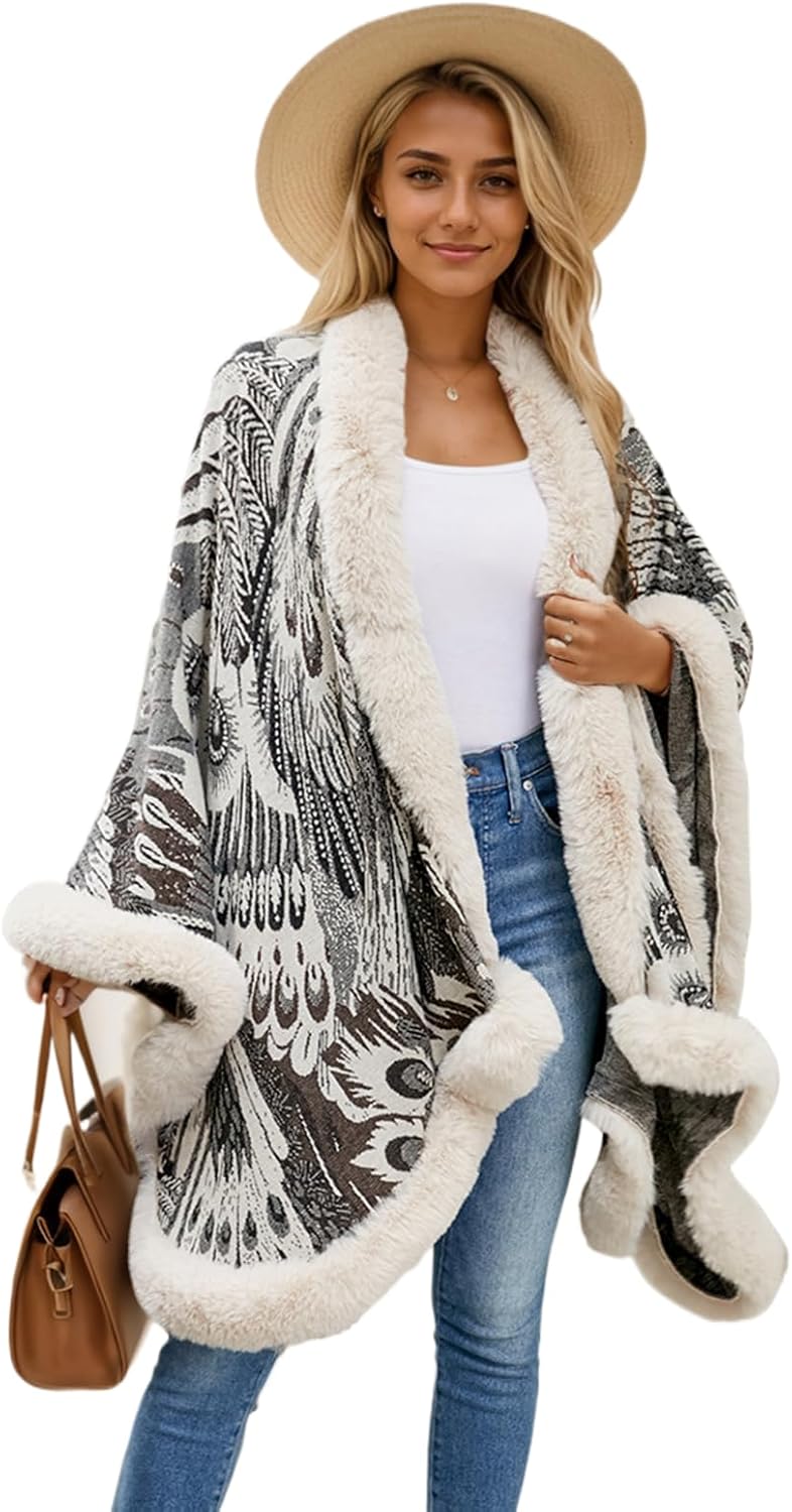 Peacock Pattern Faux Fur Shawl for Women Fur Trim Cardigan Cloak Coat Fur Collar Poncho Cape Wraps for Evening Dresses - Image 5