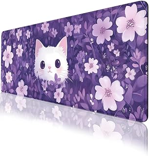 Cute Cat Mouse Pad, Purple Floral Kawaii Cartoon Gaming Desk Mat with Stitched Edges,Non-Slip Waterproof Rubber Base Mouse Mat, 31.5x11.8in Mouse Pads for Desk Home Office Gaming