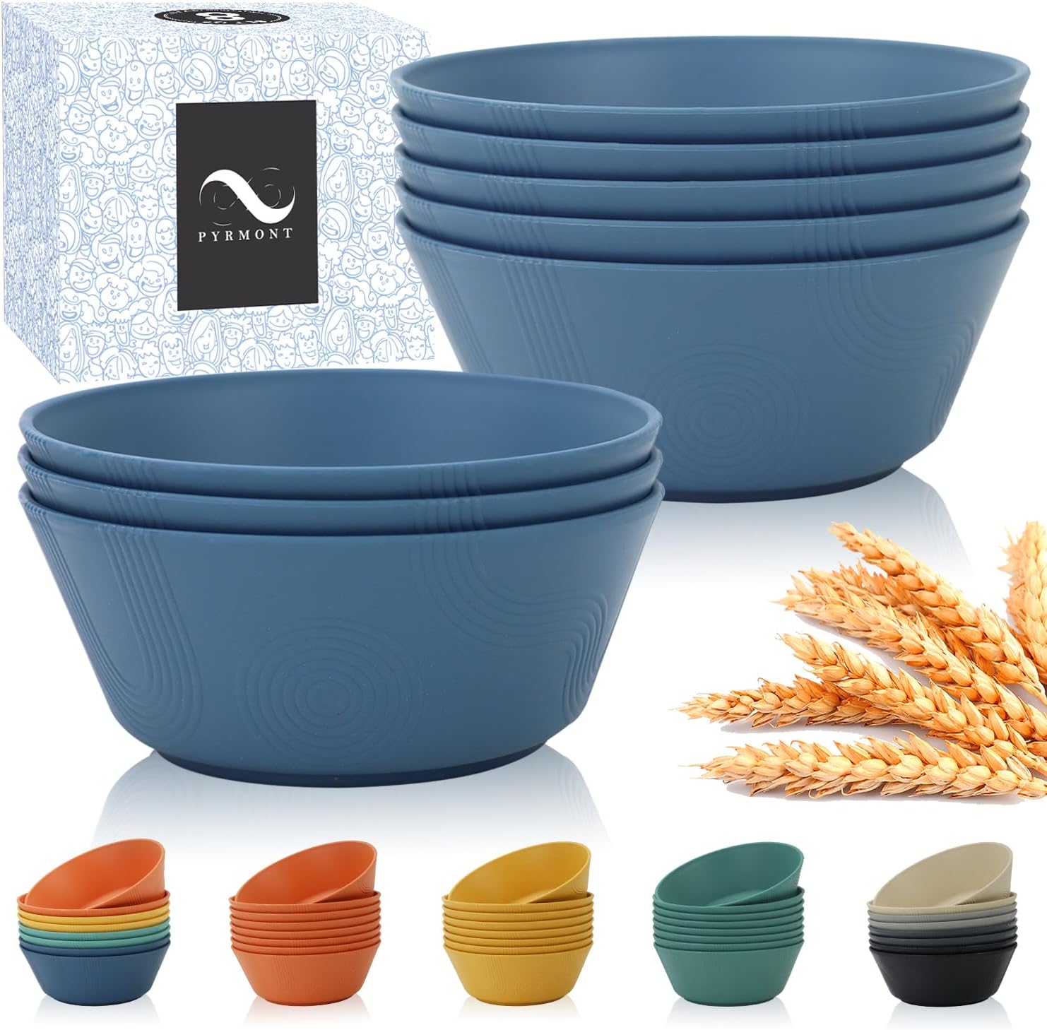 PYRMONT Wheat Straw Bowls 36oz Cereal and Salad Bowl Set of 8 Dishwasher & Microwave Safe Bowls for Kitchen, Plastic Bowls Reusable for Salad, Cereal, Snack, BPA-Free