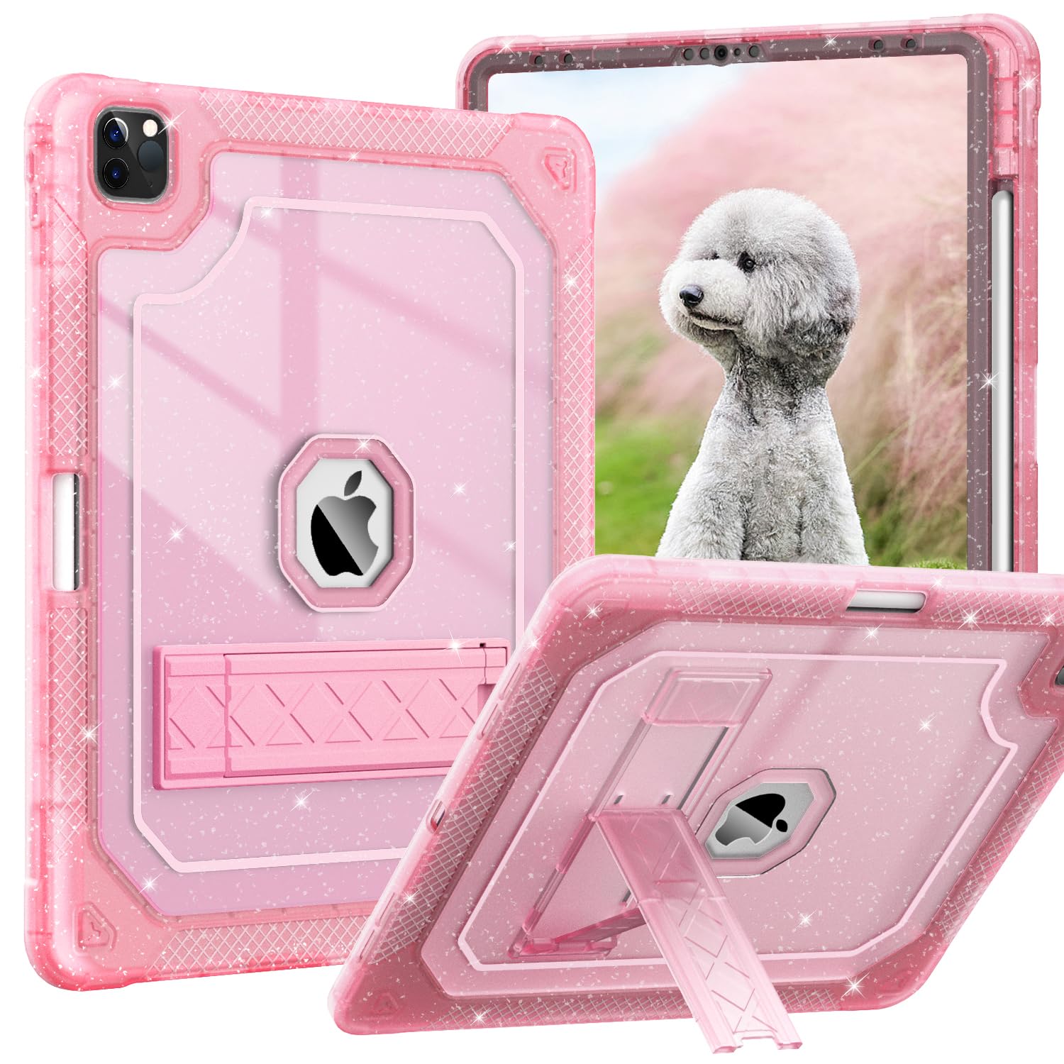 ZoneFoker for iPad Pro 12.9 Case 6th/5th/4th/3rd Generation 2022/2021/2020/2018, 12.9 Inch iPad Pro Case Cover with Pencil Holder, Pink Glitter