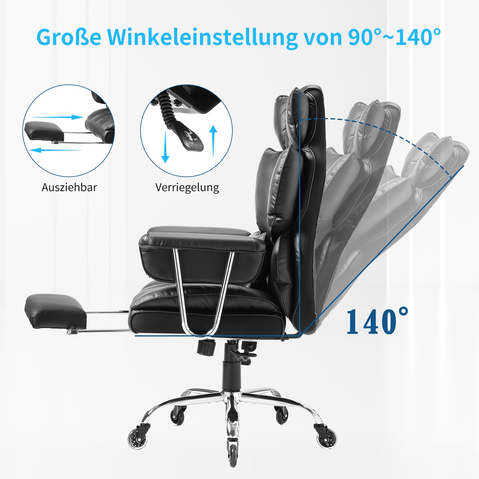 YEEZEE Bürostuhl mit Fußstütze, Chefsessel mit hoher Rückenlehne, Bürosessel aus PU-Leder mit separatem, abnehmbarem Lendenkissen, Verstellbarer bequemer Bürostuhl, Chefsessel 200 kg belastbarkeit