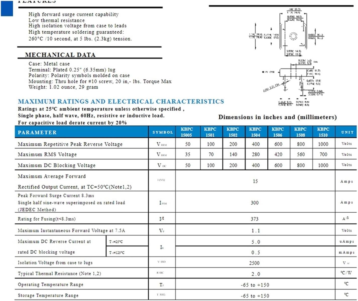 1pcs KBPC1510 Rectifier Diode Kbpc1510 KBPC5010 KBPC3510 KBPC2510 1000V 15A(KBPC5010 32X32)