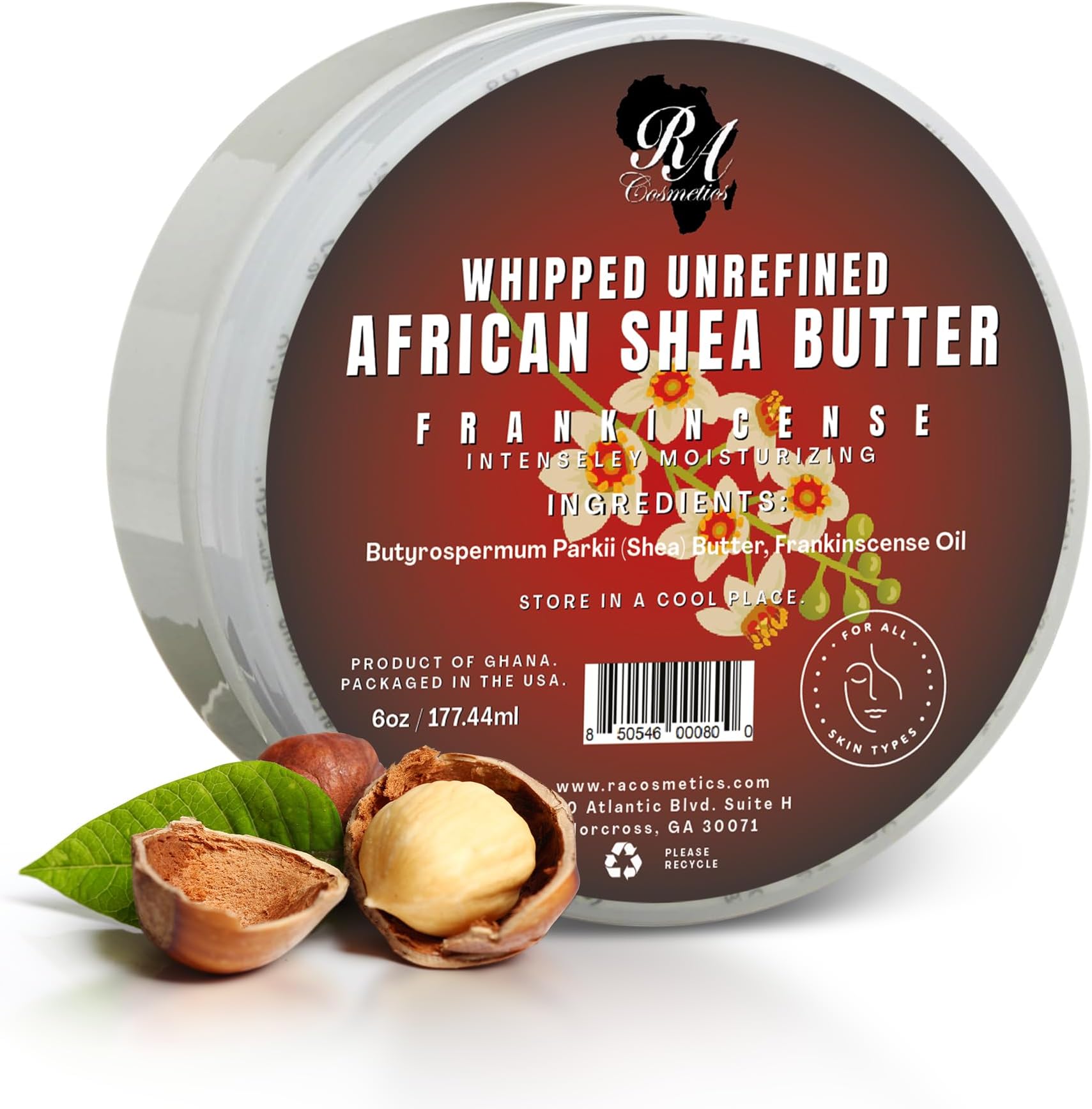Whipped Shea Butter Frankincense - 6oz | 100% Pure & Natural African Shea Butter for Men & Women - Handcrafted Moisturizer with Essential Vitamins for Softer Lips, Healthier Skin & Hair