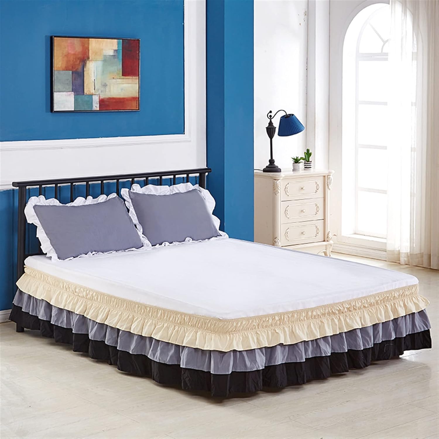 Liveinu Triple Layer Wrap Around Ruffled Bed Skirt,15 Inch Drop Easy to Put On Bedskirt Elastic Dust Ruffle Bed Frame Cover for Twin, Queen,King and Full Size Beds Pink White Queen