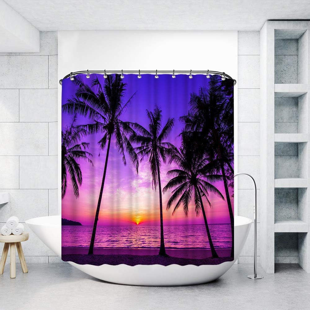Sunset Beach Shower Curtain Tropical Palm Tree Landscape Waterproof Fabric Curtains for Bathroom Decor with 12 Hooks 72x72 Inches