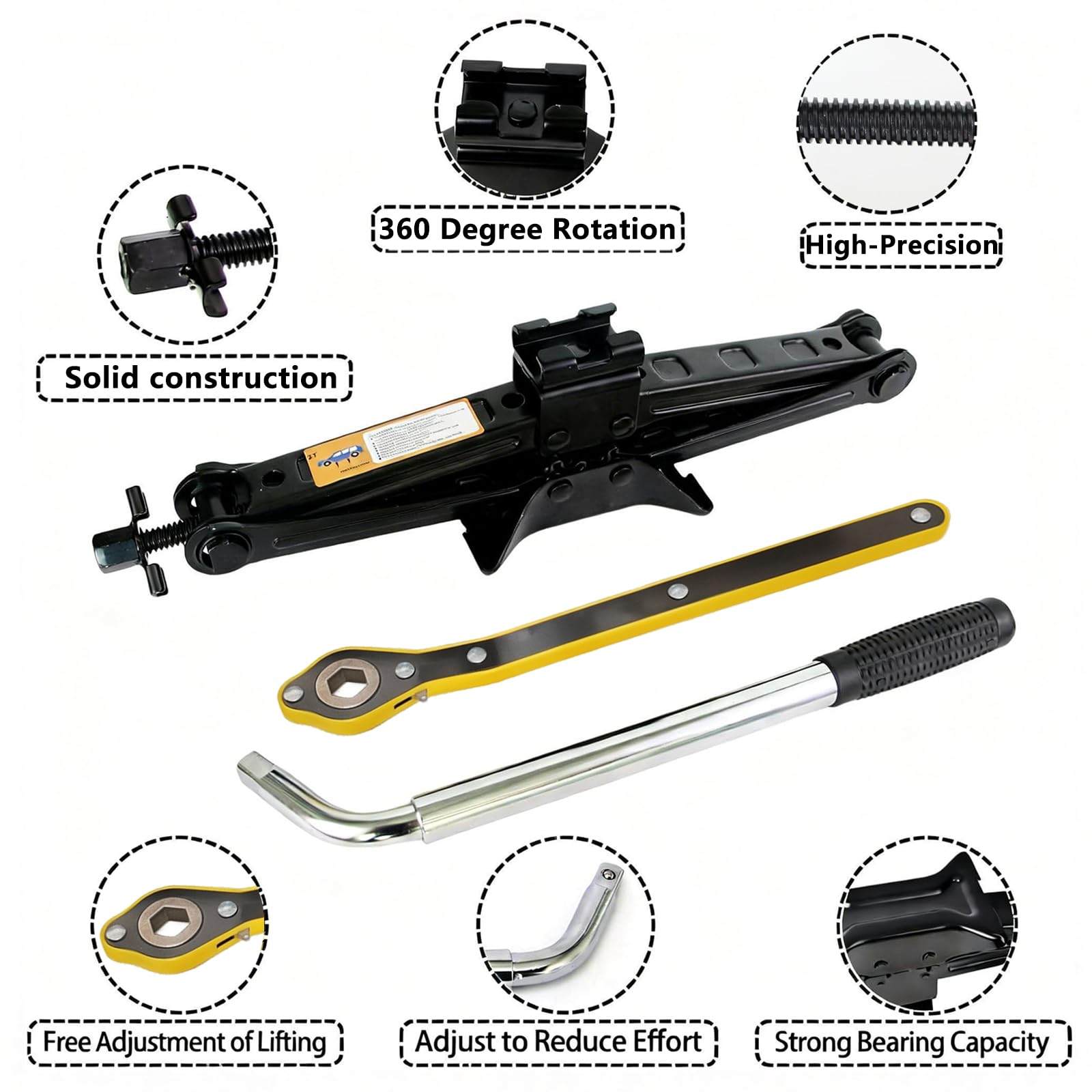 Hniuyun Kit de gato de tijera de 2 toneladas y soporte, elevador de coche resistente de 4400 libras para sedán, SUV, MPV con llave de trinquete y adaptador de taladro para cambio de neumáticos