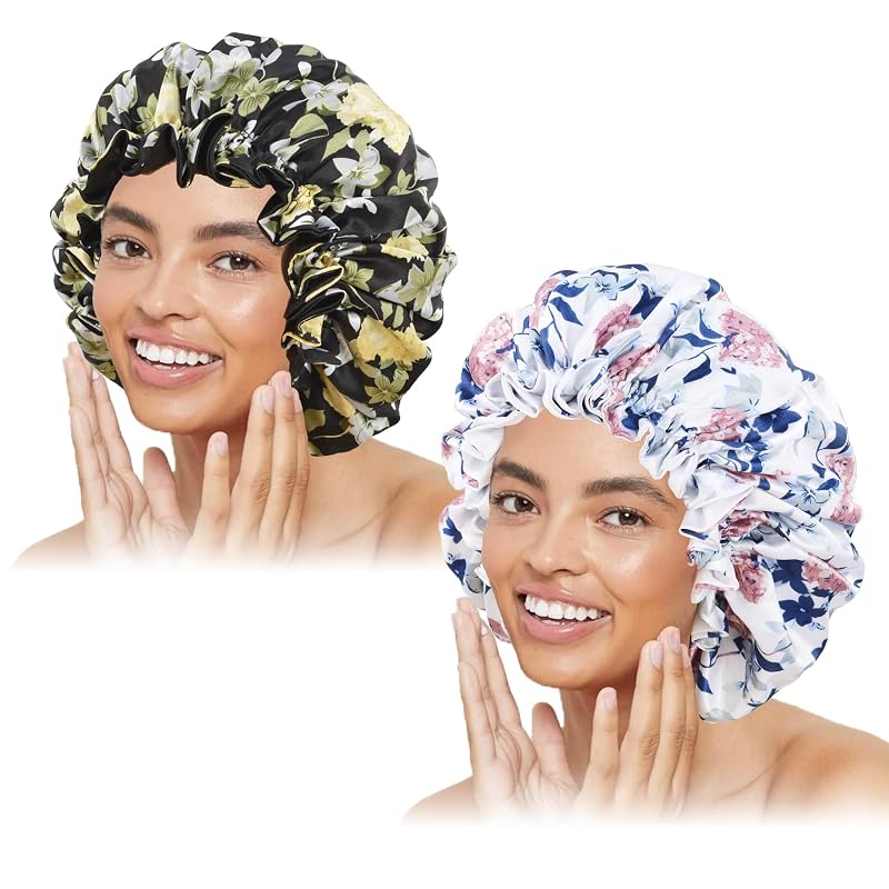 Touca de cetim Luvruitaky para dormir, dupla camada, roxa e preta, pacote com 2 e scrunchie