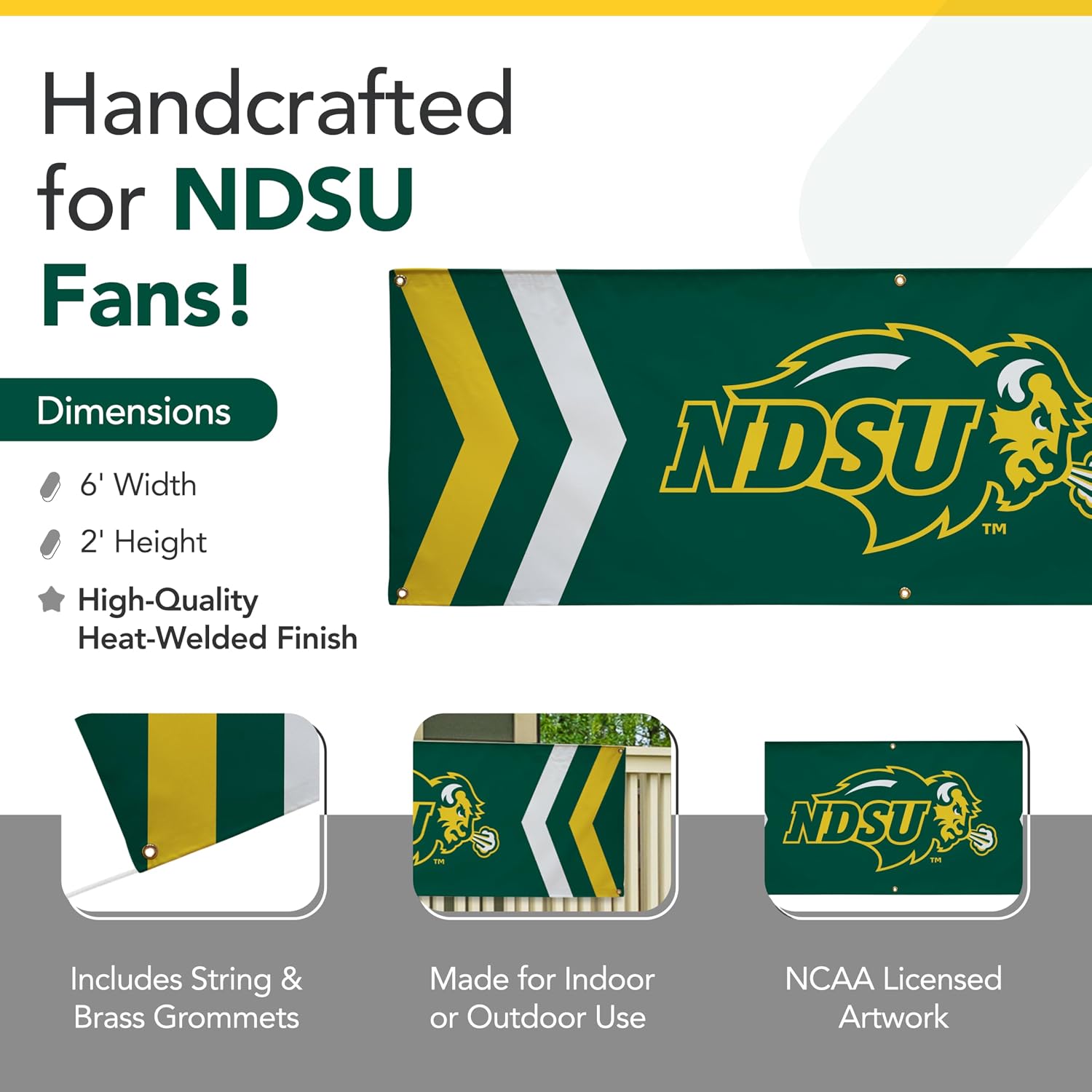 North Dakota State Bison College Sports Printed Outdoor Banner - NCAA Licensed - Durable Vinyl - School Banner (Green, Gold) (2' x 6')