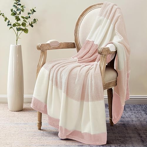 Homelike Moment Manta de forro polar para sofá, de 60 x 80 pulgadas, suave, acogedora, a rayas, rosa y blanco, para sofá y cama, cálida y ligera