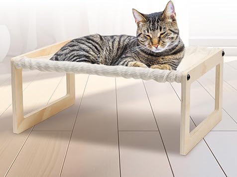 Cat Bed with Washable Pad - 9.5" Elevated Wooden Cat Hammock Bed, 360 View Design, Cot with Breathable Summer Mattress for Kitty, Puppy, Rabbit and All Pets