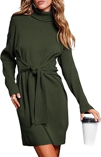 Women's Casual Turtleneck Long Sleeve Tie Waist Sweater Dress 2023 Fall Winter Ribbed Knit Pullover Sweater