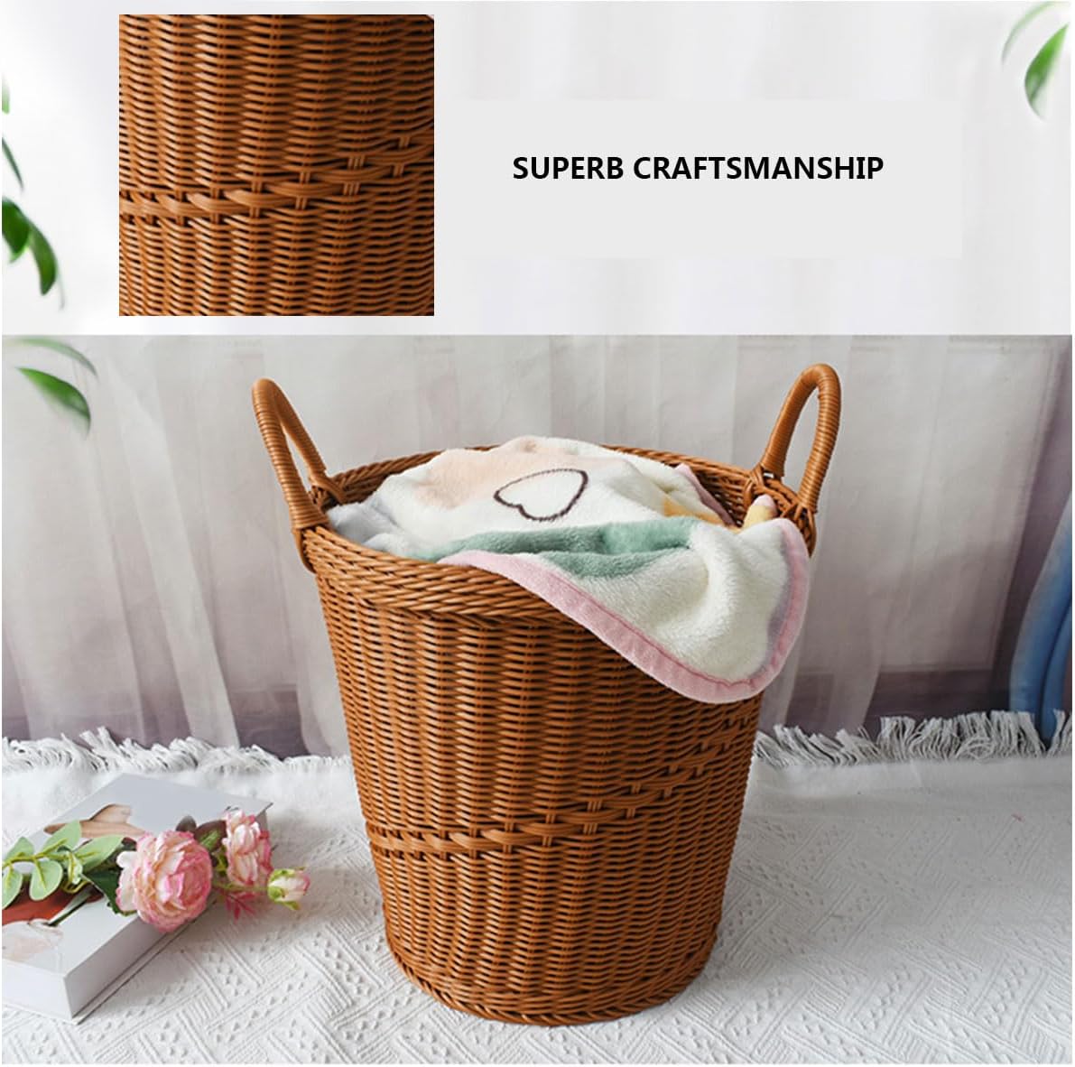 Handmade Rattan Weaving Dirty Clothes Basket Rattan Sundries Basket for Laundry Gardening Supplies Storage