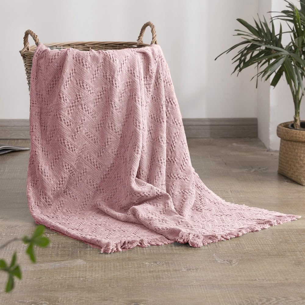 100% Cotton Throw Blanket for Bed, Couch, Boho Luxury Geometric Knit Woven Blanket with Tassels Soft Lightweight Cozy Breathable, Vintage Farmhouse Decoration for All-Season(Pink)