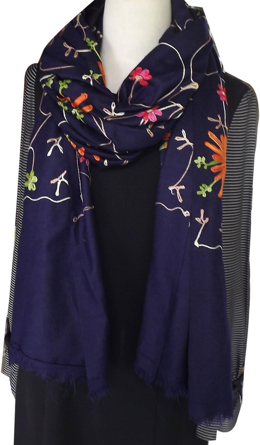BLUE SCARF/ SHAWL - CASHMERE PASHMINA WRAP WITH ALL OVER CREWEL EMBROIDERY Size : 38" X 80"