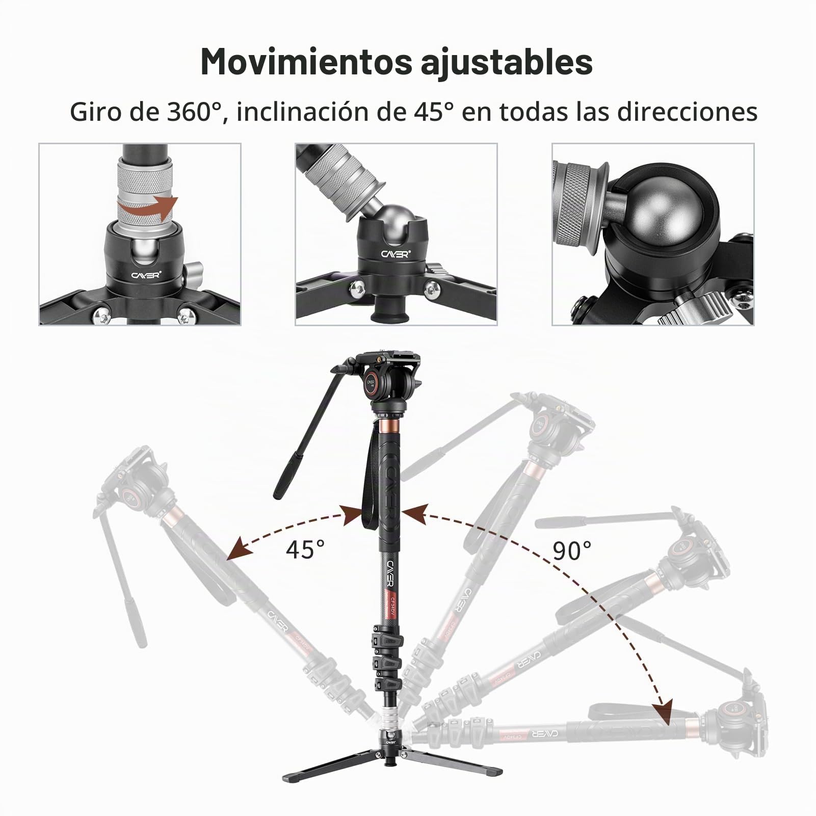 Cayer CF34DV Monopod para Video Profesional Cámara telescópica de Fibra de Carbono de 71 "Monopod con Cabezal de Movimiento de inclinación Horizontal y Base de trípode de 3 Patas