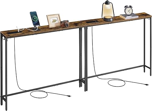 VASAGLE Juego de 2 mesas de consola con tomas de corriente, mesas de sofá delgadas detrás del sofá, 5.9 x 39.4 x 31.5 pulgadas, 2 ganchos, fácil