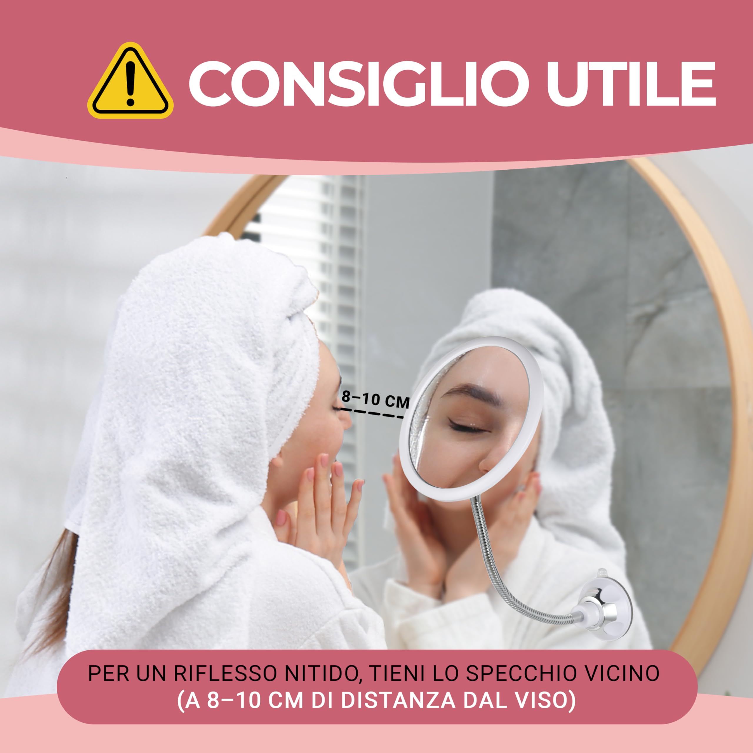 Mirrorvana Specchio ingranditore 10X con collo flessibile per trucco - specchio da tavolo con ventosa per bagno, toeletta e viaggio - Magnifying Makeup Mirror - 17cm x 17cm (Rotondo)
