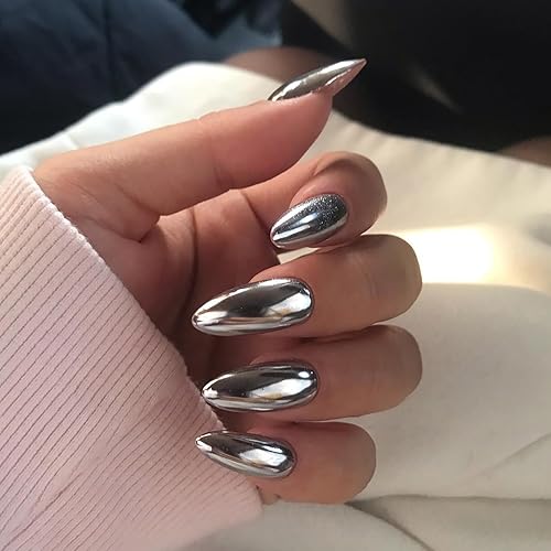 Sunjasmine - 24 uñas postizas medianas a presión, uñas postizas de almendra, uñas postizas acrílicas con pegamento de uñas para mujeres (cromo