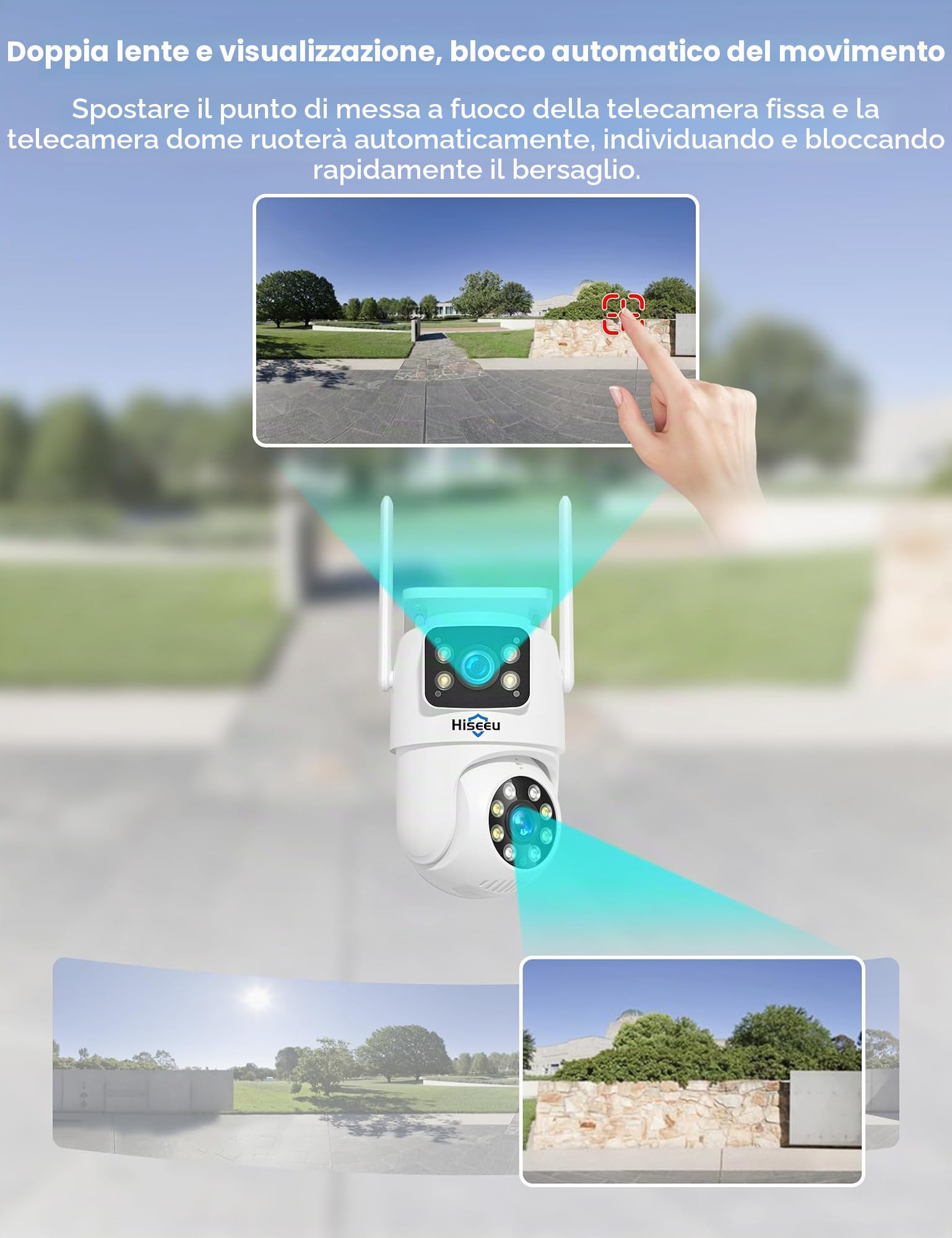 Hiseeu 【Doppia Lente 2K Telecamera Wi-Fi Esterno con 8X Zoom Digitale, 3MP PTZ Videocamera Sorveglianza, Tracciamento Auto Rilevamento Umano Visione Notturna a Colori Allarme Sonoro e Luminoso Alexa