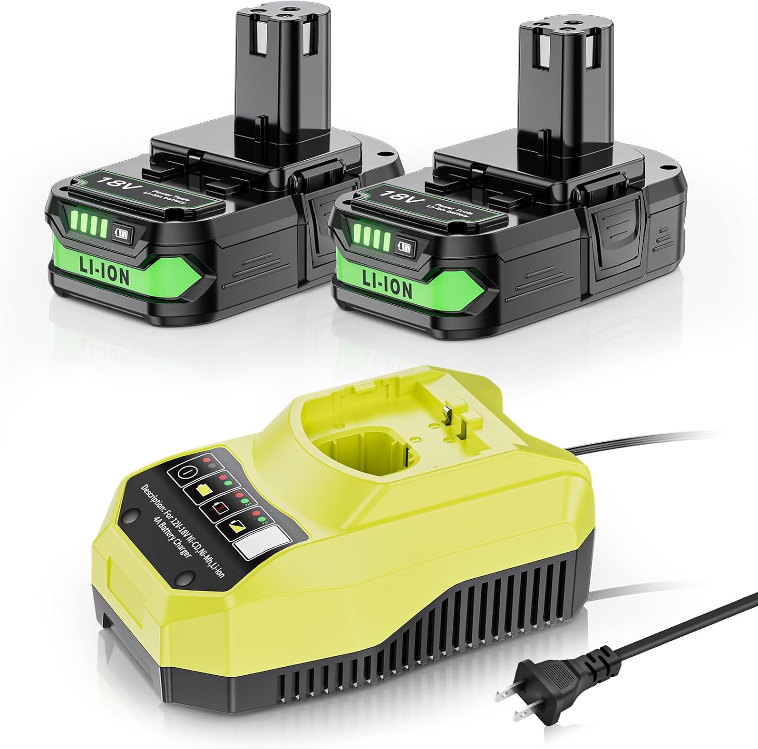 2 Pack 4.0Ah 18V Battery Replacement for Ryobi 18V Battery and Charger Combo Compatible with Ryobi ONE+ P108 P102 P103 P104 P105 P107 P109 P122 Cordless Power Tools