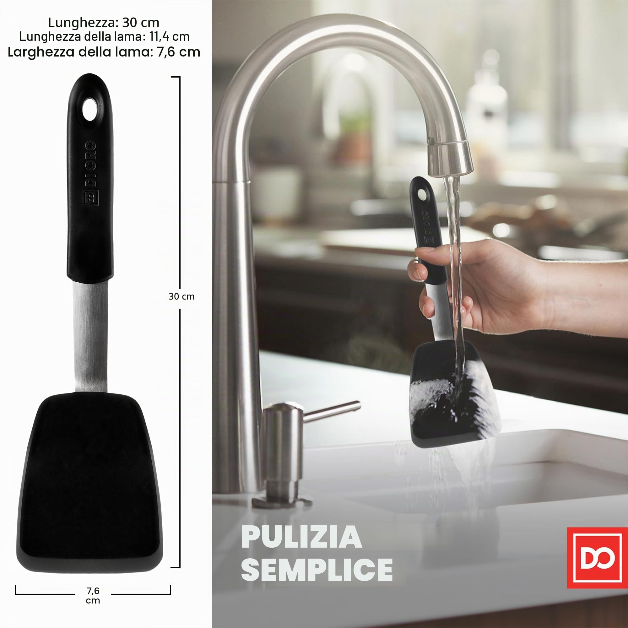 DI ORO® - Serie Chef - Spatola standard in silicone e acciaio inossidabile - Resistente al calore fino a 315°C - La migliore paletta da cucina - Perfetto per uova e frittelle