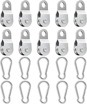 Pulley System with 10/20/40Pcs Metal Single Pulley and 10Pcs Spring Hook, Single Pulley Wheel for 0.23 Inch/6mm Rope, Wire Rope Hanging Wire Towing Wheel for Netting Baseball Batting Cages