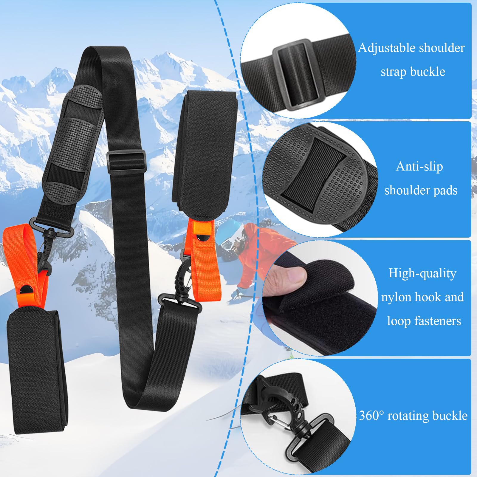 Esquí Correa y Correa para Transportar Bastón, Ski Straps Ajustables con Hebilla Metálica