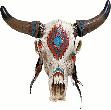 BestGiftEver Wall Hanging Rustic Southwest Tribal Style Bull Head Skull, 12.5 x 10.5 x 4 inches | Feathers, Beads & Faux Turquoise Stone, Native American Style, Bull Skull Wall Art, Rustic Home Decor