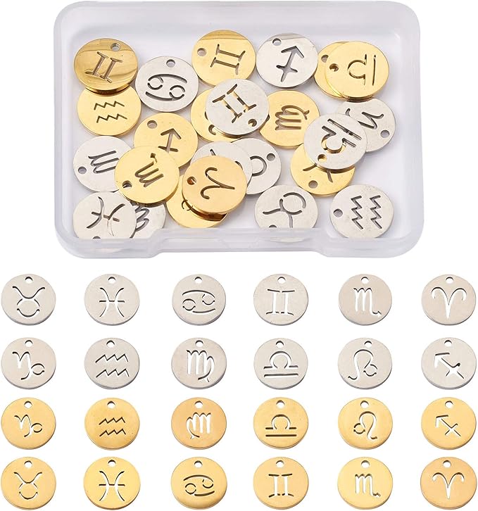 Beadthoven 24pcs/Set Stainless Steel Zodiac Sign 12 Constellation Tag Charms Mixed Flat Round Blank Stamping Tag Pendants with Hole for DIY Jewelry Making Craft Accessories