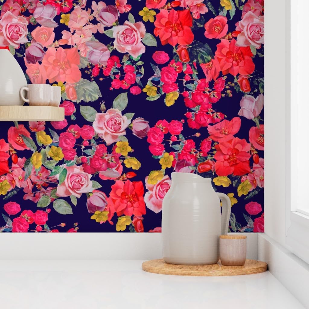 Peel & Stick Wallpaper 3ft x 2ft - Antique Floral Print Navy Coral Pink Red Flowers Vintage Pretty Roses Custom Removable Wallpaper by Spoonflower