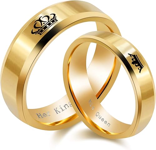 Juego de 2 anillos para parejas "His Queen and Her King", acero de titanio a juego, anillos de promesabodacompromiso para parejas (negro, dorado)