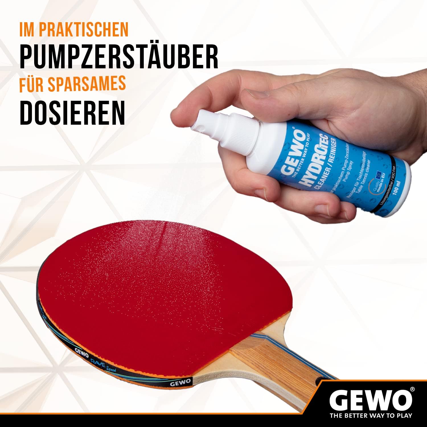Gewo HydroTec Kit de Nettoyage pour Tennis de Table, Spray Grip avec éponge de Nettoyage absorbante, nettoyant sans solvant pour revêtements de Tennis de Table 100 ML, préserve l'adhérence des