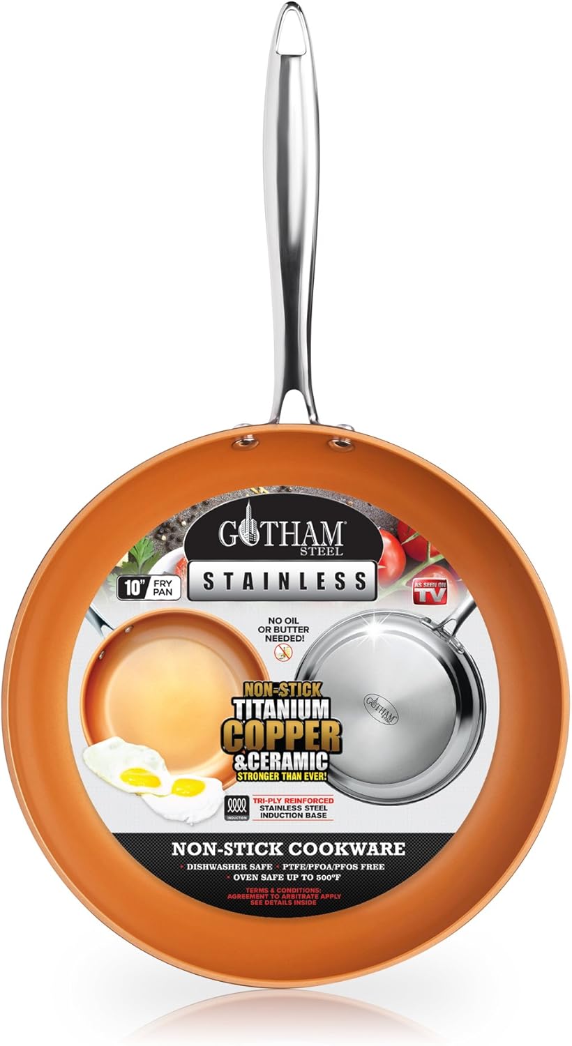 Gotham Steel Stainless Steel Premium 10” Frying Pan, Triple Ply Reinforced with Super Nonstick Ti- Cerama Copper Coating and Induction Capable Encapsulated Bottom – Dishwasher Safe : Everything Else